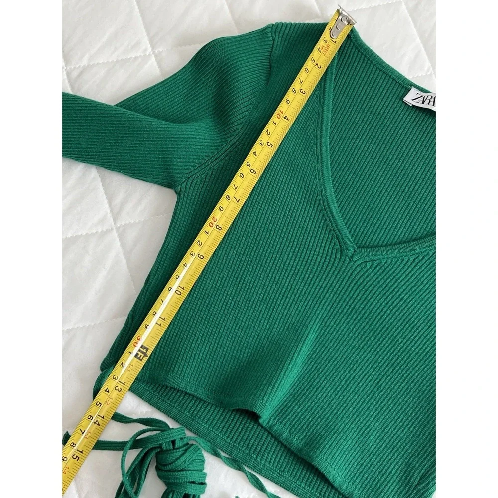 Zara Green Ribbed Cutout Tie Waist Crop Top Size S Coquette Y2K Party Night Out